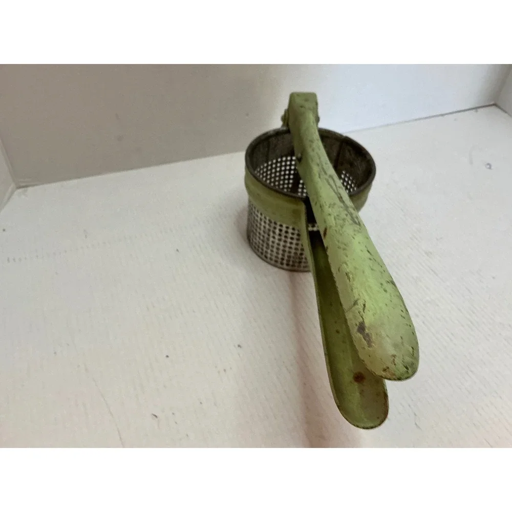 Vintage Potato Ricer Green Metal Hand Press Fruit Masher Farmhouse